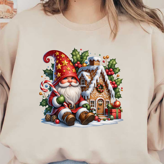 A cheerful Christmas gnome with a red starry hat holds a candy cane beside a snowy gingerbread house and festive gifts.DTF Transfers dtf prints