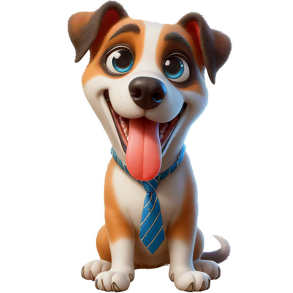 Este alegre perro de dibujos animados usa una corbata azul y tiene una expresión juguetona, perfecta para agregar alegría a cualquier escena.