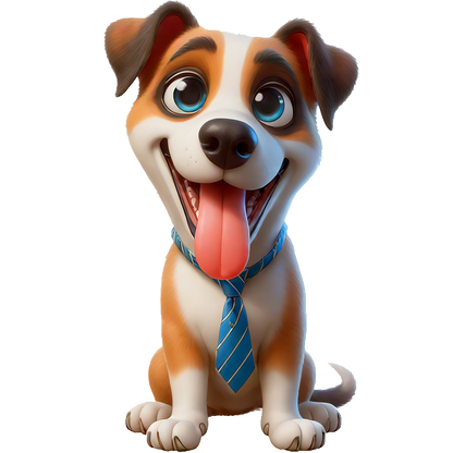 Este alegre perro de dibujos animados usa una corbata azul y tiene una expresión juguetona, perfecta para agregar alegría a cualquier escena.