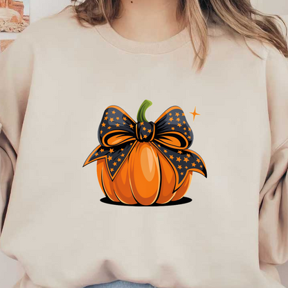 ¡Una calabaza naranja festiva adornada con un elegante lazo negro con patrones de estrellas, perfecta para decoraciones de Halloween!