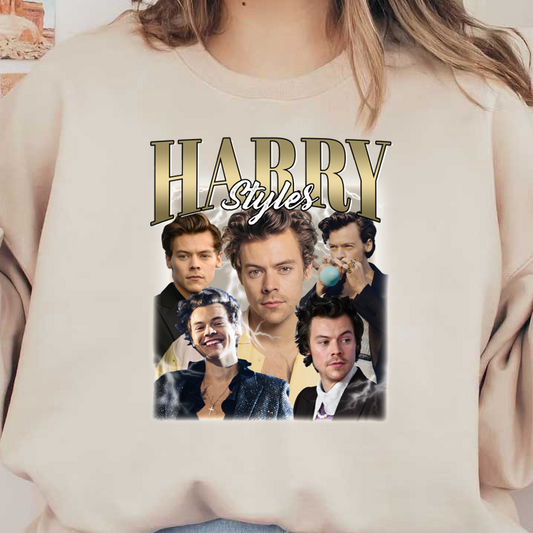 A vibrant collage showcasing various styles of Harry Styles, featuring multiple portraits and a bold "HARRY STYLES" title.DTF Transfersdtf regular iron