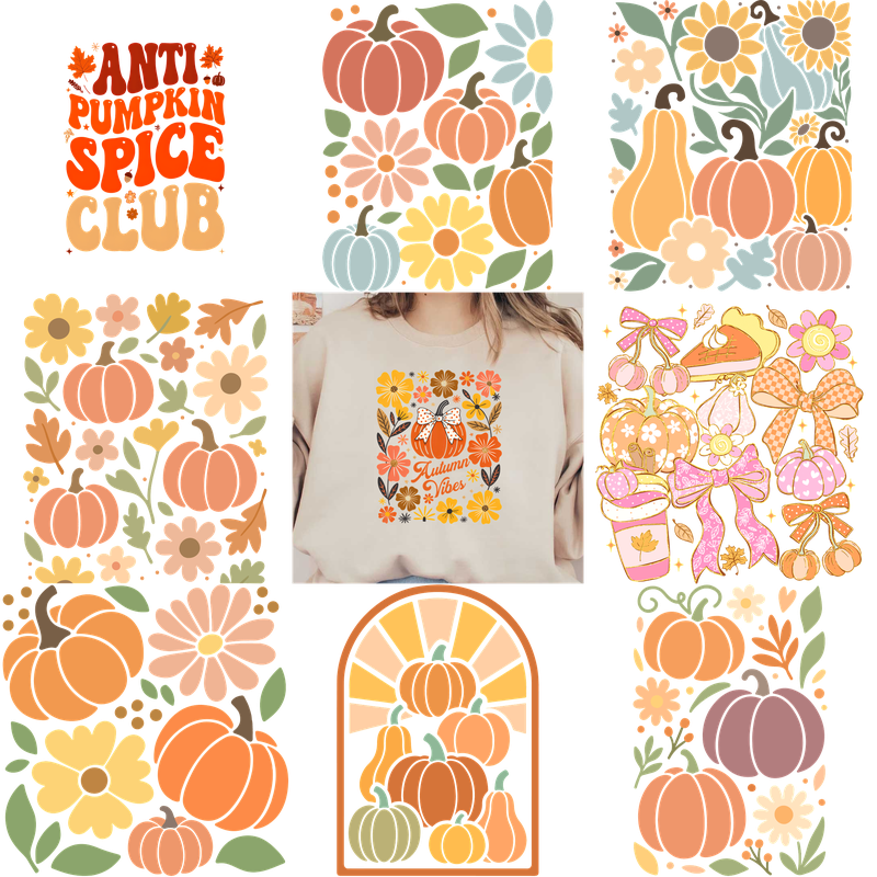 Cozy autumn sweatshirt featuring vibrant flowers and charming pumpkin graphics.DTF Transfers