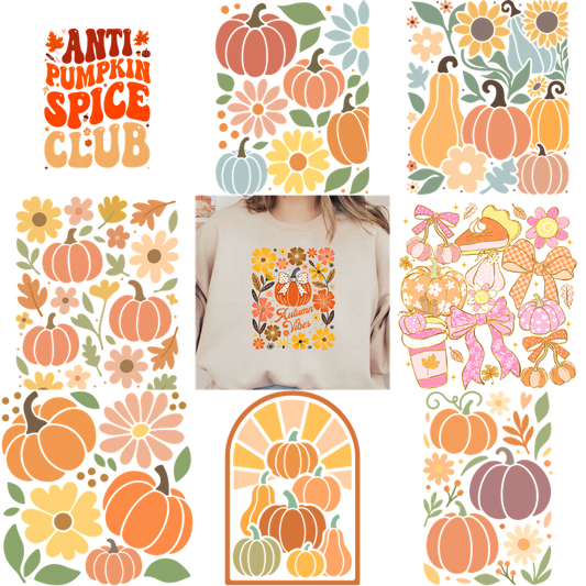 Cozy autumn sweatshirt featuring vibrant flowers and charming pumpkin graphics.DTF Transfers