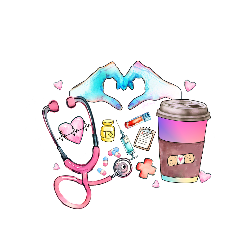 A vibrant illustration featuring hands forming a heart, surrounded by medical items, a coffee cup, and colorful hearts.DTF Transfers