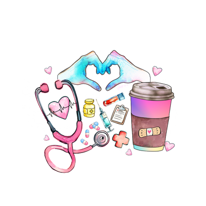 A vibrant illustration featuring hands forming a heart, surrounded by medical items, a coffee cup, and colorful hearts.DTF Transfers