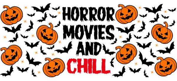 Un gráfico divertido con temática de Halloween que presenta divertidas calabazas y la palabra "CHILL" en letras rojas en negrita. Transferencias UV