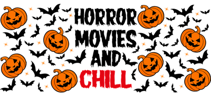 Un gráfico divertido con temática de Halloween que presenta divertidas calabazas y la palabra "CHILL" en letras rojas en negrita. Transferencias UV