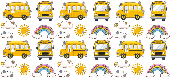 A cheerful pattern featuring colorful yellow school buses, bright suns, fluffy clouds, and vibrant rainbows for a playful touch.UV Transfersdtf regular iron