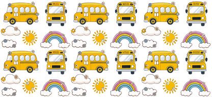 A cheerful pattern featuring colorful yellow school buses, bright suns, fluffy clouds, and vibrant rainbows for a playful touch.UV Transfersdtf regular iron