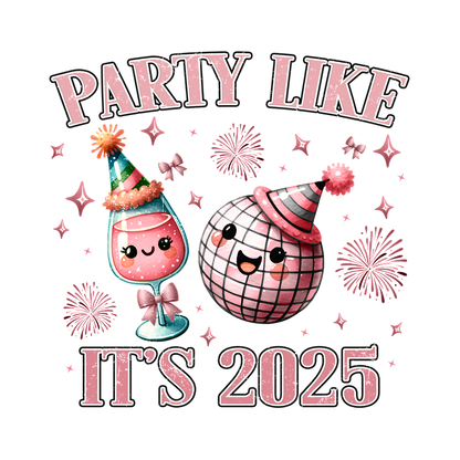 Celebrate in style with this fun, vibrant graphic featuring a cheerful drink and disco ball, perfect for New Year's 2025!DTF Transfers heat press transfers dtf prints