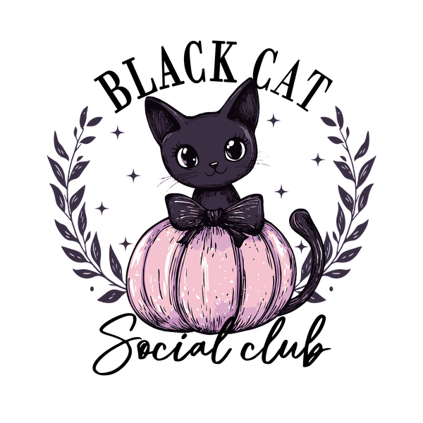 A cute black cat with big eyes sits on a pastel pink pumpkin, adorned with a bow and surrounded by laurel leaves.dtf regular iron