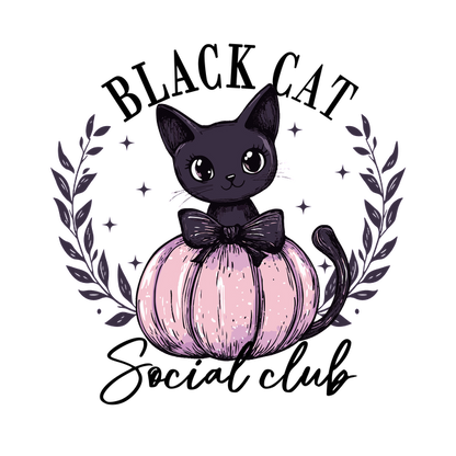 A cute black cat with big eyes sits on a pastel pink pumpkin, adorned with a bow and surrounded by laurel leaves.dtf regular iron