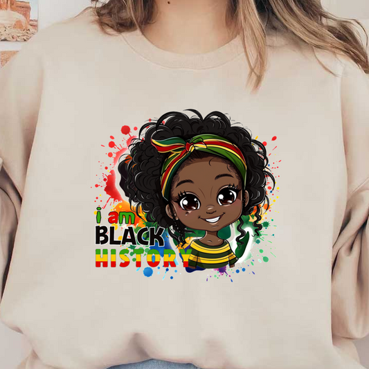 A vibrant illustration of a cheerful young girl with curly hair, wearing a colorful striped shirt, celebrating Black history. heat press transfers