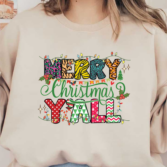 Festive "Merry Christmas Y'all" design featuring colorful, patterned letters adorned with holiday lights and decorations for a cheerful vibe. heat press transfers