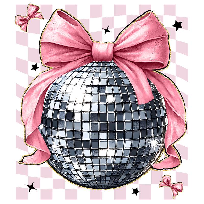 A sparkling disco ball adorned with a vibrant pink bow, perfect for adding a festive touch to any party atmosphere.DTF Transfers dtf transfers dtf transfers