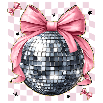 A sparkling disco ball adorned with a vibrant pink bow, perfect for adding a festive touch to any party atmosphere.DTF Transfers dtf transfers dtf transfers