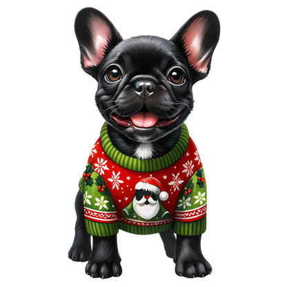 A cheerful black French Bulldog wears a festive red and green Christmas sweater, complete with holiday designs and a playful look. dtf transfers