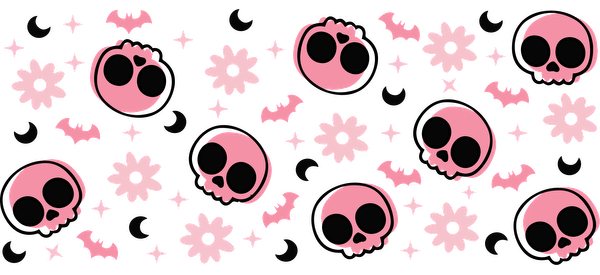 A playful pattern featuring pink skulls, flowers, bats, and stars set against a black background, perfect for quirky designs.UV Transfers dtf prints