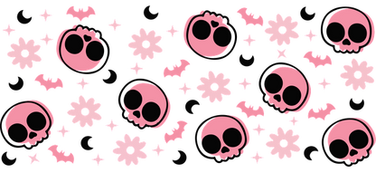 A playful pattern featuring pink skulls, flowers, bats, and stars set against a black background, perfect for quirky designs.UV Transfers dtf prints