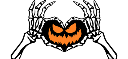 A spooky Halloween-themed graphic featuring an ominous orange pumpkin face with sharp teeth and glaring eyes against a black background.UV Transfers heat press transfers dtf prints