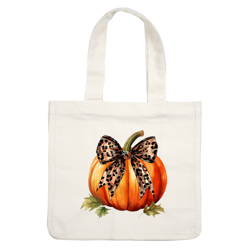 A charming orange pumpkin adorned with a stylish leopard print bow, surrounded by vibrant green leaves. heat press transfers