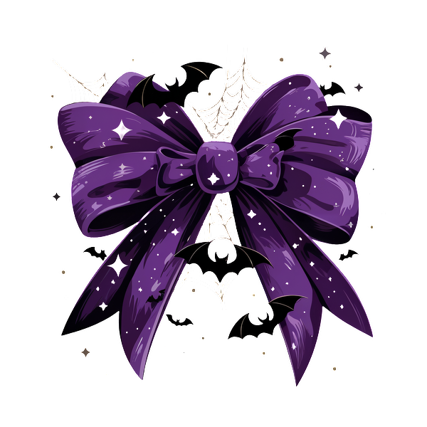 ¡Un lazo morado espeluznante adornado con estrellas brillantes, murciélagos y telarañas, perfecto para decoraciones festivas de Halloween!