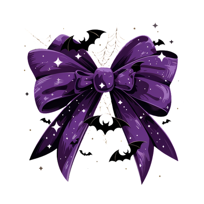 ¡Un lazo morado espeluznante adornado con estrellas brillantes, murciélagos y telarañas, perfecto para decoraciones festivas de Halloween!