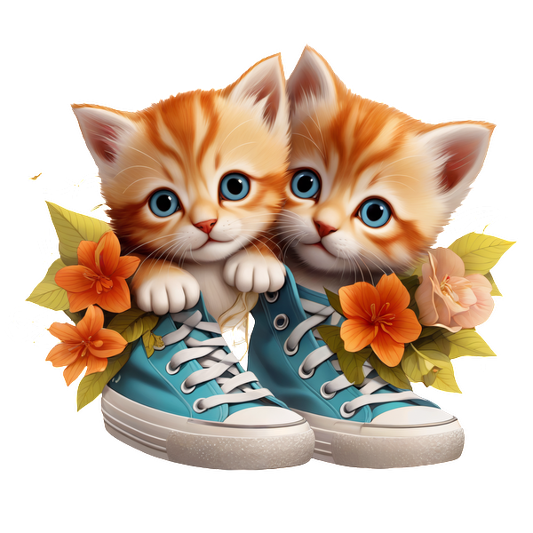 ¡Adorables gatitos gemelos en zapatillas turquesas, rodeados de flores coloridas, aportan un encanto caprichoso a cualquier entorno!