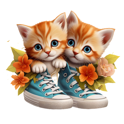 ¡Adorables gatitos gemelos en zapatillas turquesas, rodeados de flores coloridas, aportan un encanto caprichoso a cualquier entorno!