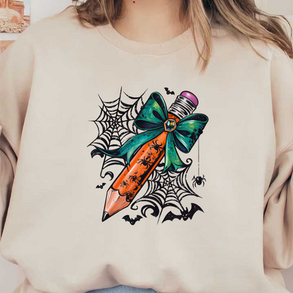 Este diseño caprichoso presenta un lápiz decorado con un cuerpo naranja vibrante, adornado con un lazo verde azulado y motivos de arañas espeluznantes.