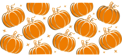 A playful pattern featuring vibrant orange pumpkins with curly stems, perfect for celebrating autumn and Halloween!UV Transfers heat press transfers