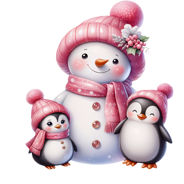 Un alegre muñeco de nieve y dos adorables pingüinos, todos con sombreros y bufandas rosas, difunden la alegría festiva del invierno.