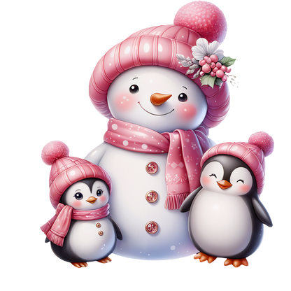 Un alegre muñeco de nieve y dos adorables pingüinos, todos con sombreros y bufandas rosas, difunden la alegría festiva del invierno.