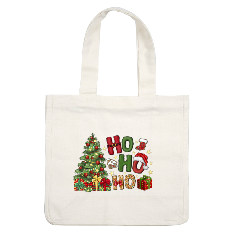 A festive illustration featuring a decorated Christmas tree, colorful gifts, and playful "HO HO HO" letters with holiday accents.DTF Transfers dtf prints