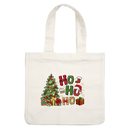 A festive illustration featuring a decorated Christmas tree, colorful gifts, and playful "HO HO HO" letters with holiday accents.DTF Transfers dtf prints