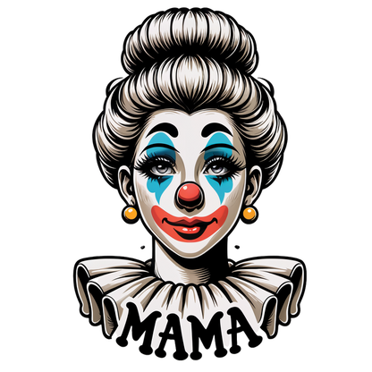 Una divertida ilustración de payaso que presenta un personaje alegre con un maquillaje vibrante y una pancarta de "MAMA", diseñada artísticamente.