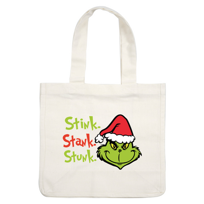 A playful design featuring the Grinch with the words "Stink. Stank. Stunk." in bright colors, perfect for holiday fun!DTF Transfers heat press transfers dtf prints