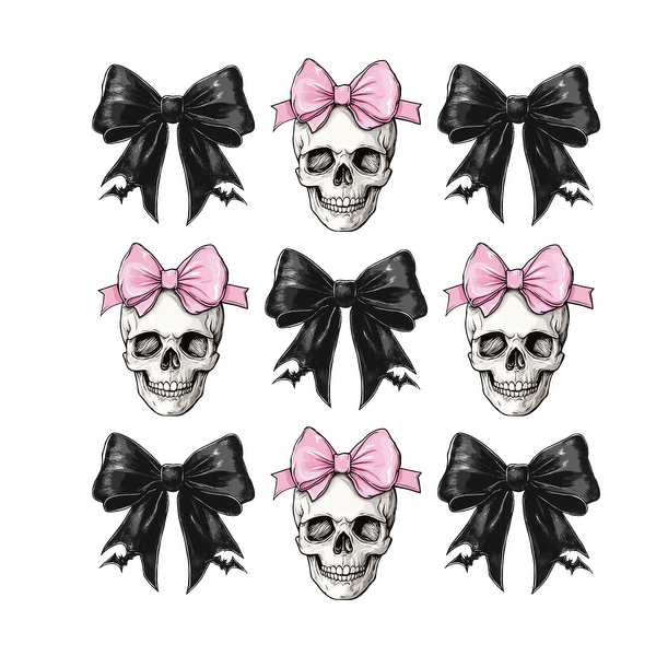 Un patrón divertido y peculiar que presenta nueve calaveras adornadas con lazos rosas y negros, perfecto para diseños con temática de Halloween.