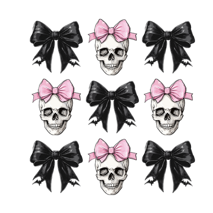 Un patrón divertido y peculiar que presenta nueve calaveras adornadas con lazos rosas y negros, perfecto para diseños con temática de Halloween.