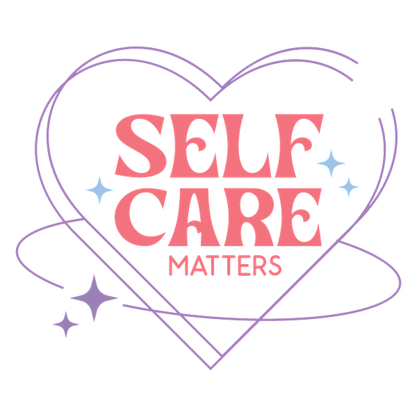 Un gráfico de corazón vibrante que presenta la frase "Self Care Matters" en letras divertidas, rodeada de estrellas y un diseño caprichoso.