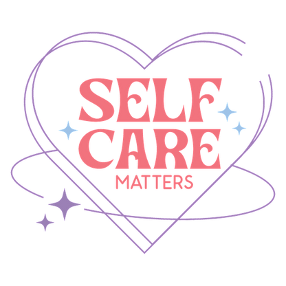 Un gráfico de corazón vibrante que presenta la frase "Self Care Matters" en letras divertidas, rodeada de estrellas y un diseño caprichoso.