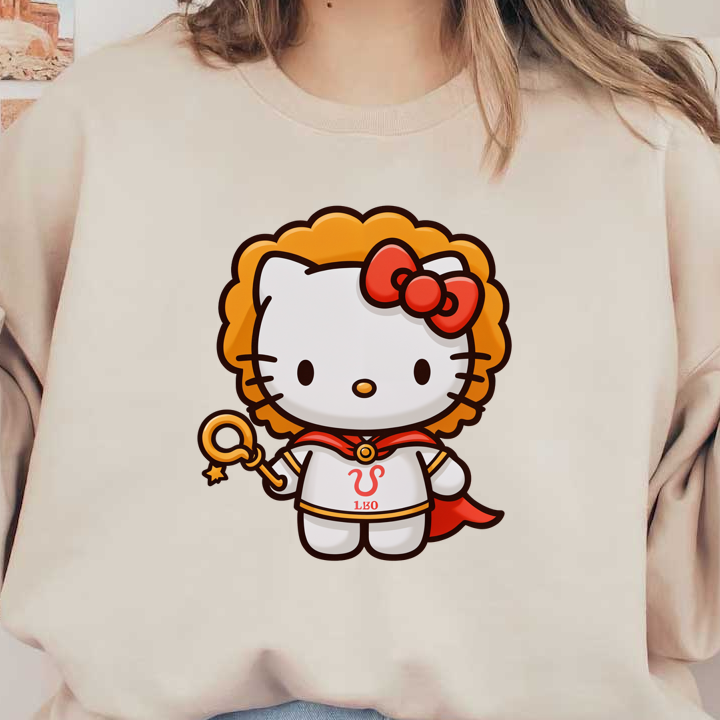 Adorable Hello Kitty dressed as a lion-hearted hero, complete with a red cape and a magical staff, exuding charm and courage!DTF Transfersdtf regular iron