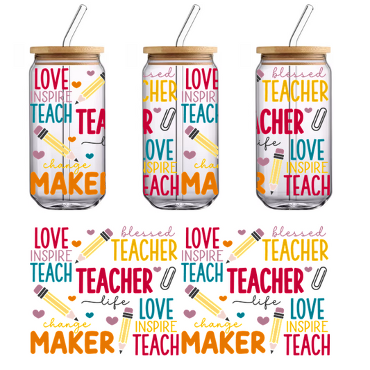 Lil teacher love black background pink blue yellow white green sticker.UV Transfers