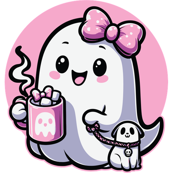 Cute ghost character with a pink bow, holding a steaming mug and walking a small puppy, set against a pink background.dtf regular iron