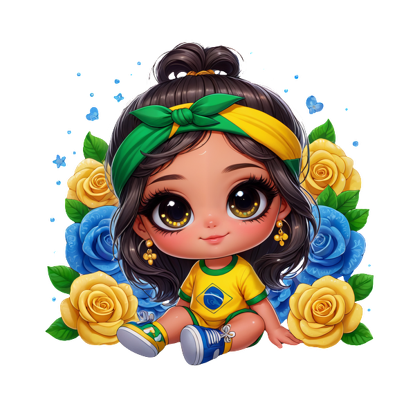 Una linda chica de estilo chibi con ojos grandes, vestida con un traje con temática brasileña, rodeada de flores coloridas y vegetación vibrante. Transferencias DTF