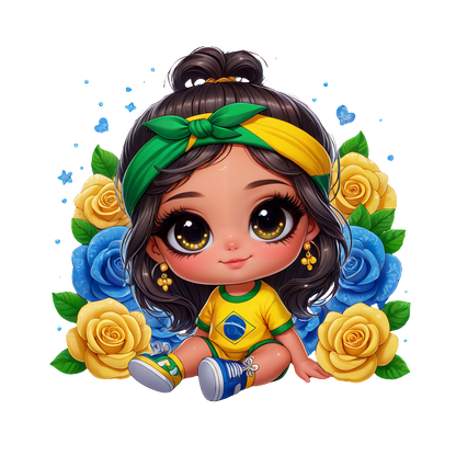 Una linda chica de estilo chibi con ojos grandes, vestida con un traje con temática brasileña, rodeada de flores coloridas y vegetación vibrante. Transferencias DTF