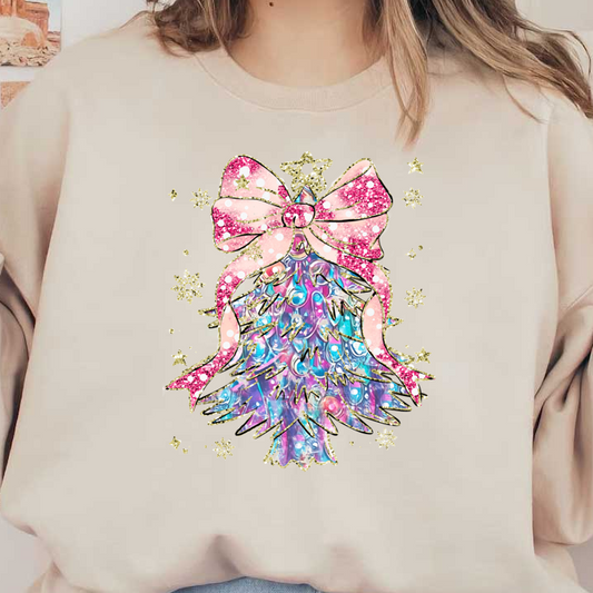 A colorful, glittery Christmas tree adorned with a pink bow, surrounded by whimsical snowflakes for a festive touch.DTF Transfersdtf regular iron