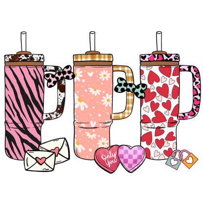 Three colorful mugs with unique heart and floral designs.DTF Transfers