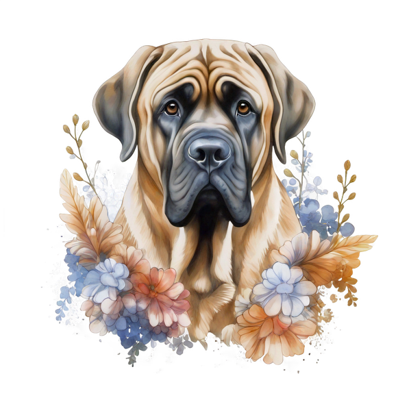 Una hermosa ilustración de un Bullmastiff rodeado de flores de colores, que muestra el rostro expresivo del perro y su comportamiento gentil.