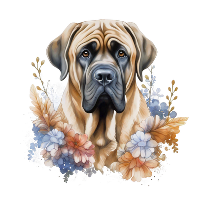 Una hermosa ilustración de un Bullmastiff rodeado de flores de colores, que muestra el rostro expresivo del perro y su comportamiento gentil.